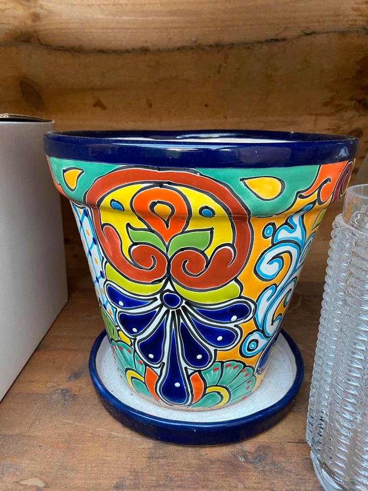 3 unieke mexicaanse bloempotten, Tuin en Terras, Bloempotten, Zo goed als nieuw, Aardewerk, Minder dan 40 cm, 25 tot 40 cm, Rond