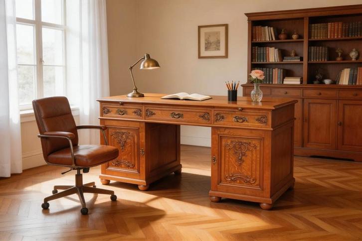 Klassiek vintage bureau – massief hout | uniek stuk, Huis en Inrichting, Bureaus, Gebruikt, Ophalen