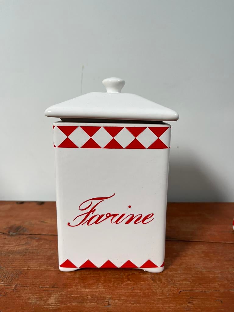 Antieke Farine (meel) voorrraadpot. Wit met rood, Ophalen of Verzenden