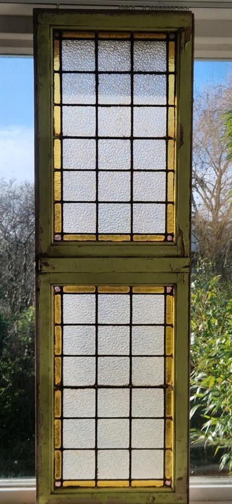 1 glas in lood ramen in een houten frame (brocante), Doe-het-zelf en Verbouw, Glas en Ramen, Ophalen, Gevelraam of Ruit, Gebruikt