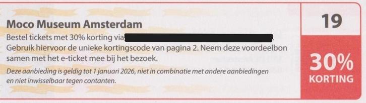 Moco Museum. Amsterdam. Postcodeloterij kortingsbon nr 19., Tickets en Kaartjes, Musea, Drie personen of meer, Kortingskaart