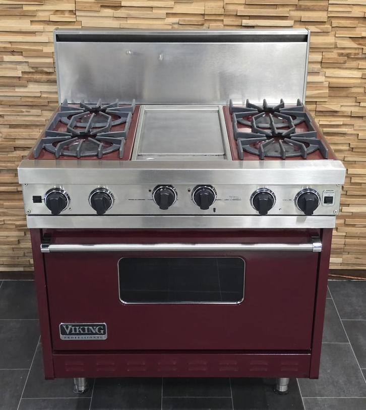 Luxe Fornuis Viking 90cm bordeaux rood 4 pits GASOVEN, Witgoed en Apparatuur, Fornuizen, Zo goed als nieuw, Vrijstaand, Gas, 5 kookzones of meer