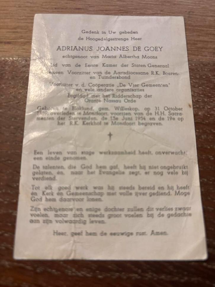 Goey Adrianus de 1889 Blokland 1954 Montfoort x Moons, Verzamelen, Bidprentjes en Rouwkaarten, Bidprentje, Ophalen of Verzenden