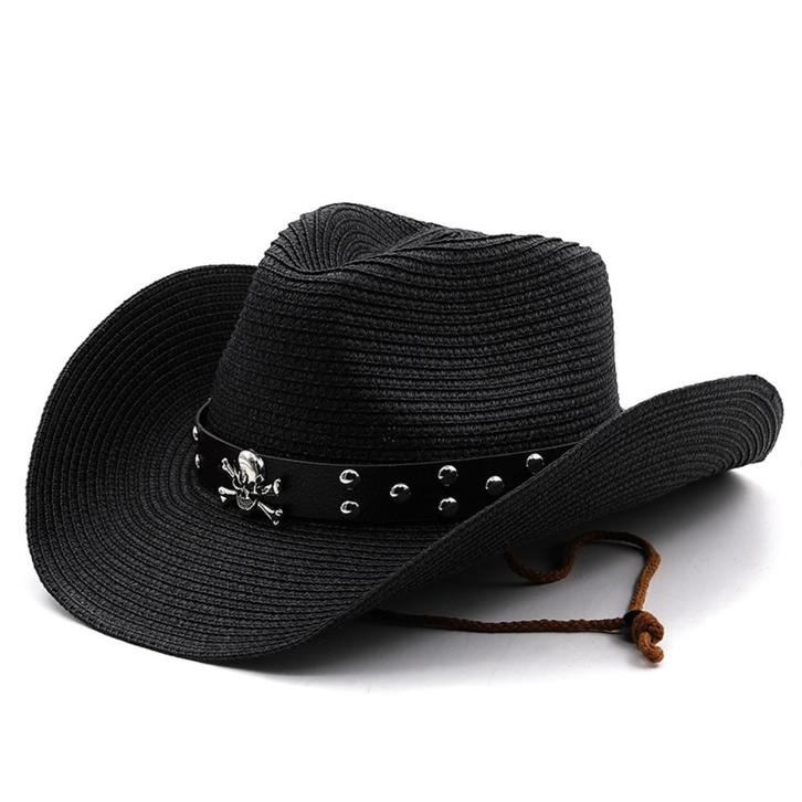 Zwarte western stro hoed met piraat / cowboy mannen vrouwen, Kleding | Heren, Hoeden en Petten, Nieuw, Hoed, Verzenden