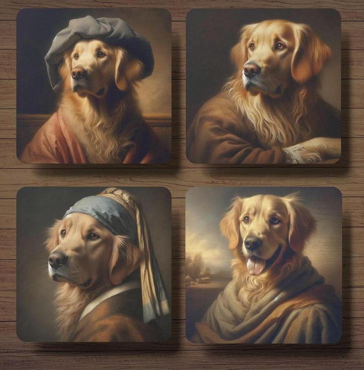 Golden Retriever Rembrandt stijl onderzetters met houder, Huis en Inrichting, Woonaccessoires | Onderzetters, Nieuw, Glas of Kopje