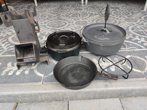 Gietijzeren buitenkookset met Dutchovens, pan en houtbrander, Tuin en Terras, Barbecue-accessoires, Zo goed als nieuw, Ophalen