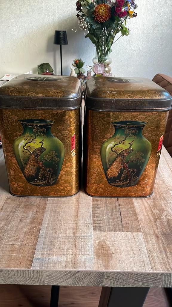 2 Vintage Aziatische Theebussen, Antiek en Kunst, Antiek | Tin, Ophalen of Verzenden