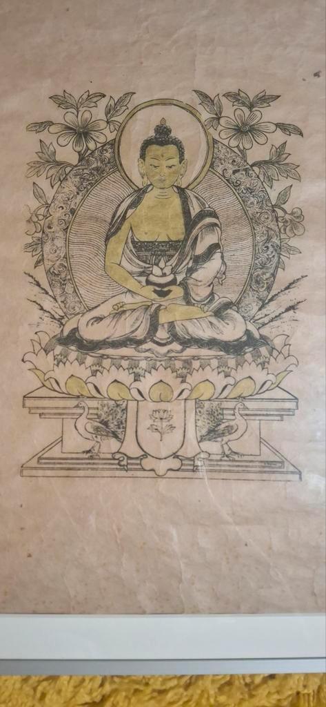 Tibetaanse vintage thangka's bladgoud (2), Verzamelen, Religie, Gebruikt, Boeddhisme, Kaart of Prent, Ophalen of Verzenden
