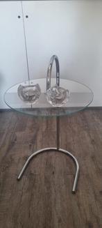 Industriële Glazen Bijzettafel met Chroom onderstel, Minder dan 55 cm, Gebruikt, Rond, Glas