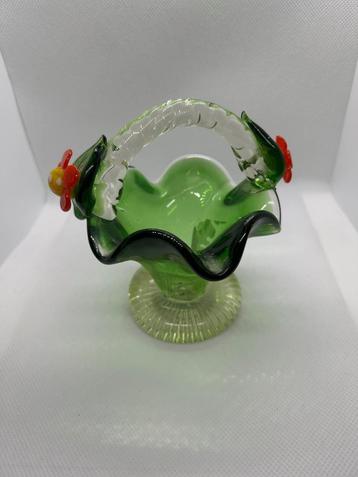 Vintage Murano Style Groen & Clear Handgeblazen Glazen Mand beschikbaar voor biedingen
