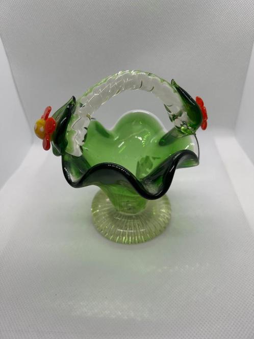 Vintage Murano Style Groen & Clear Handgeblazen Glazen Mand, Verzamelen, Glas en Borrelglaasjes, Zo goed als nieuw, Bierglas, Ophalen of Verzenden