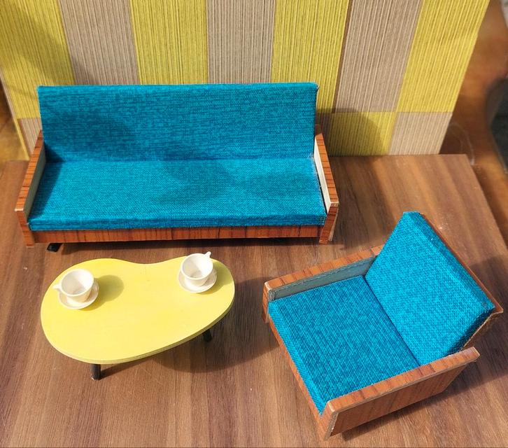 Vintage poppenhuis meubels bankstel 60s hout draaistoel, Verzamelen, Poppenhuizen en Toebehoren, Zo goed als nieuw, Gebruiksvoorwerp