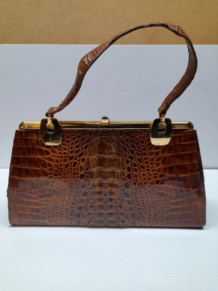 Vintage Krokodillenleren Handtas, Sieraden, Tassen en Uiterlijk, Tassen | Damestassen, Gebruikt, Handtas, Bruin, Ophalen of Verzenden