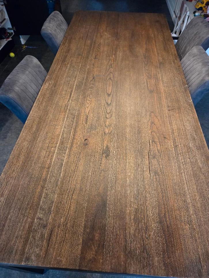 Eikenhout tafel met stalen frame, Huis en Inrichting, Tafels | Eettafels, Zo goed als nieuw, 100 tot 150 cm, 200 cm of meer, Vijf personen of meer