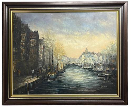 Olieverfschilderij “Schepen bij een Stad” (Sign. “Anderson”), Antiek en Kunst, Kunst | Schilderijen | Klassiek, Ophalen