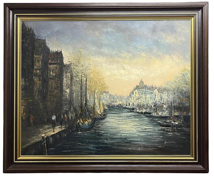 Olieverfschilderij “Schepen bij een Stad” (Sign. “Anderson”), Antiek en Kunst, Kunst | Schilderijen | Klassiek, Ophalen