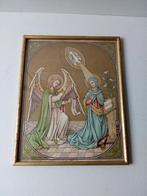Antiek schilderij met religieuze prent op linnen.Art Nouveau, Ophalen of Verzenden