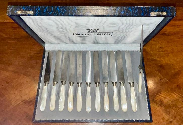 Antieke messenset met paarlemoer handvat in cassette, Antiek en Kunst, Antiek | Bestek, Ophalen of Verzenden