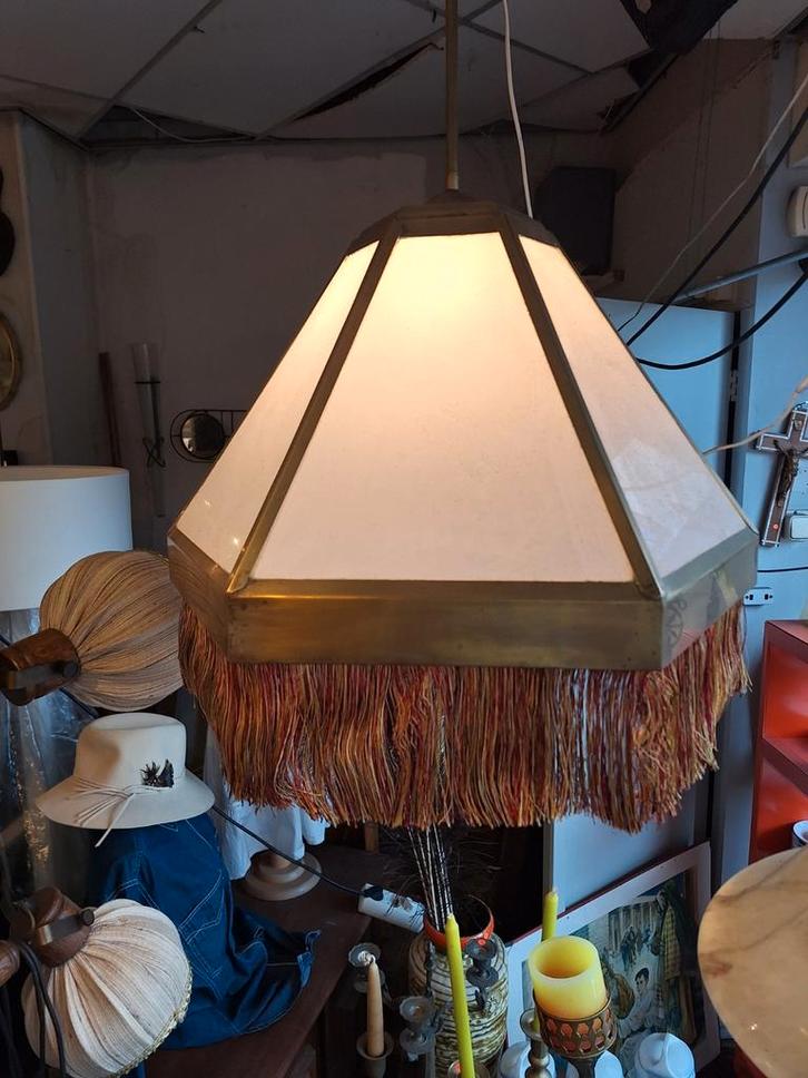 Art Deco Hanglamp met Franjes, Huis en Inrichting, Lampen | Hanglampen, Gebruikt, Minder dan 50 cm, Glas, Metaal, Stof, Ophalen
