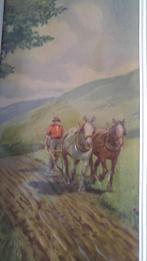 Leuk oud schilderijtje. Boer achter zijn ploeg met paarden., Ophalen of Verzenden