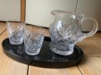Kristallen karaf met twee kristal glazen en zwart dienblad, Glas, Overige stijlen, Glas of Glazen, Gebruikt