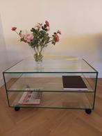 Glazen TV Meubel / Bijzettafel / Salontafel met Zwenkwielen, Zo goed als nieuw, Designer, 75 cm of meer, Rechthoekig