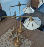 Vintage messing bankierslampen, 2 met glas in lood kap, Ophalen, Gebruikt, Vintage, Glas