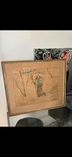 Ingelijste aquarel van vrouw met hout, Antiek en Kunst, Ophalen