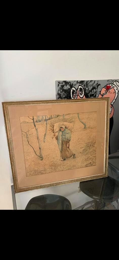 Ingelijste aquarel van vrouw met hout, Antiek en Kunst, Kunst | Tekeningen en Foto's, Ophalen