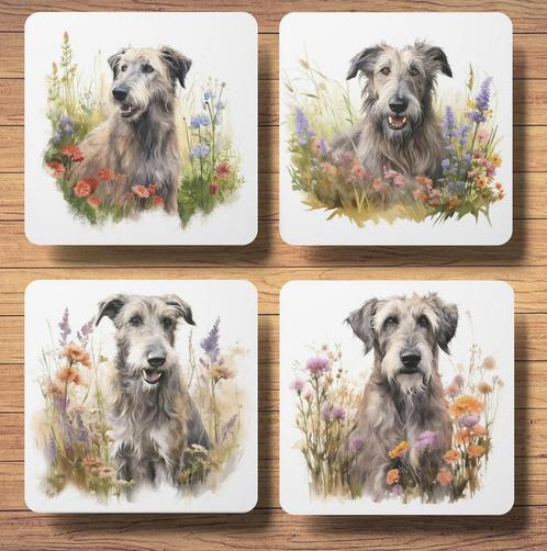 Ierse Wolfshond Aquarel onderzetters met houder, Huis en Inrichting, Woonaccessoires | Onderzetters, Nieuw, Glas of Kopje, Ophalen of Verzenden