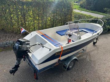 Prachtige Topcraft + Suzuki 15pk & Pega euroliner trailer beschikbaar voor biedingen