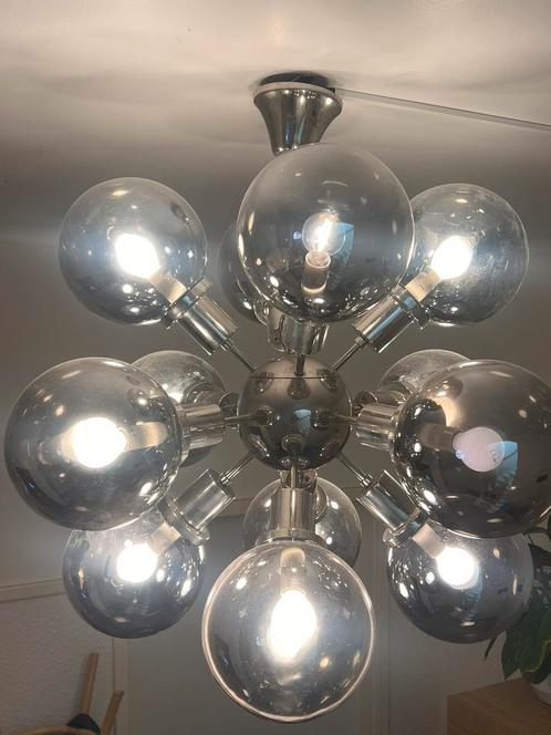 Stoere Industriële hanglamp 9 rookglazen bollen, Huis en Inrichting, Lampen | Plafondlampen, Zo goed als nieuw, Glas, Metaal, Ophalen