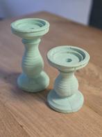 Set van 2 mingroene kandelaars, Ophalen of Verzenden, Zo goed als nieuw, Groen, Hout