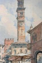 Antiek Louis Laurent Raze 1805-1873 Piazza delle Erbe italy, Antiek en Kunst, Kunst | Schilderijen | Klassiek, Ophalen of Verzenden