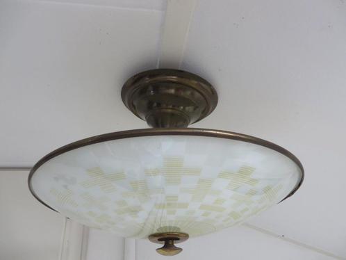 Vintage / retro schotel plafonniere glas brons/koper, Antiek en Kunst, Antiek | Lampen, Ophalen of Verzenden