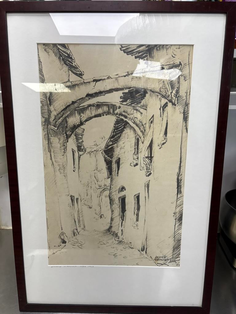 Ets André Verhorst, Italiaans Dorp, Ingelijst 47x70cm, Ophalen