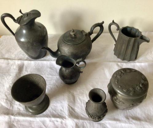 7 Antieke decoratieve tinnen diverse vaasjes en meer., Antiek en Kunst, Antiek | Tin, Verzenden