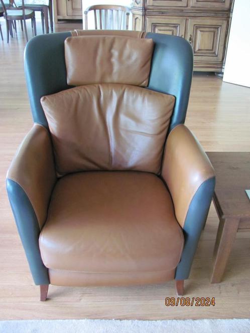 Hoge FAUTEUIL bruin + groen LEREN leer STOEL 87x76x100 IZGS, Huis en Inrichting, Stoelen, Zo goed als nieuw, Eén, Leer, Overige kleuren