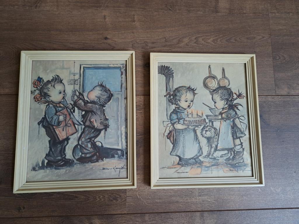 2 vintage schilderijtjes Jean Bukac 23,5 bij 28,5 cm, Huis en Inrichting, Woonaccessoires | Schilderijen, Tekeningen en Foto's