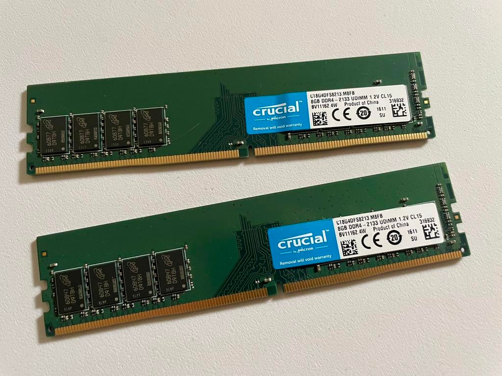 2x 8 GB (16GB) Crucial DDR4 2133Mhz UDIMM intern geheugen, Computers en Software, RAM geheugen, Gebruikt, DDR4, Ophalen of Verzenden