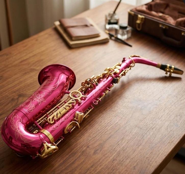 Altsaxofoon rozerood gelakt met gouden kleppen + koffer, Muziek en Instrumenten, Blaasinstrumenten | Saxofoons, Zo goed als nieuw