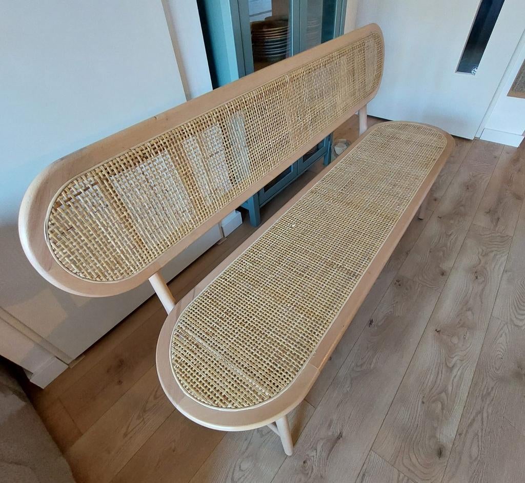 Karwei eetkamerbank, hout met rotan, nieuwstaat, Huis en Inrichting, Stoelen, Ophalen, Bruin, Zo goed als nieuw, Bohemian, retro