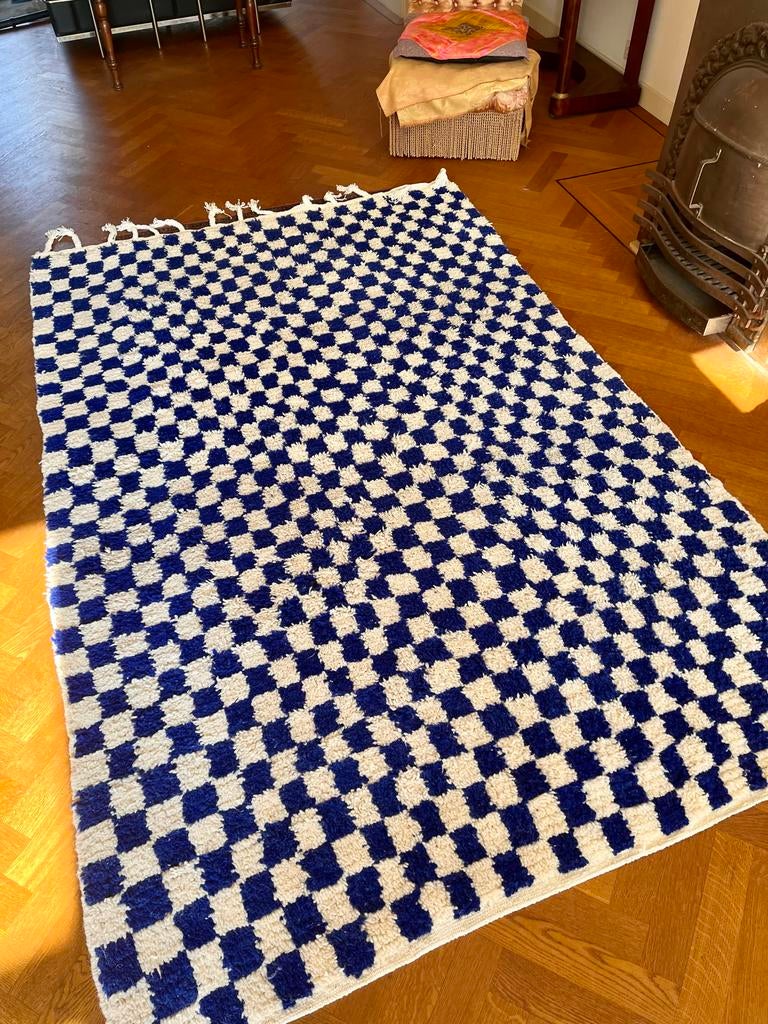 Marokkaans geblokt tapijt - Blauw & Crème, 100 tot 150 cm, Blauw, 200 cm of meer, Ophalen of Verzenden