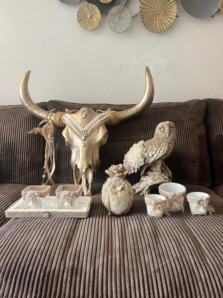 Luxe boho/landelijke woondecoratie set in beige/goud tinten, Ophalen, Gebruikt