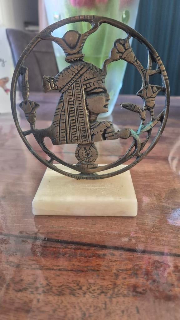 Vintage Egyptische Nefertiti messing beeld op marmeren basis, Ophalen of Verzenden