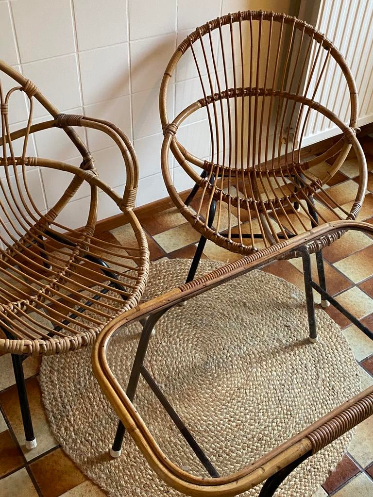 Vintage rotan kuipstoelen en glazen tafel, Ophalen, Zo goed als nieuw, Bruin
