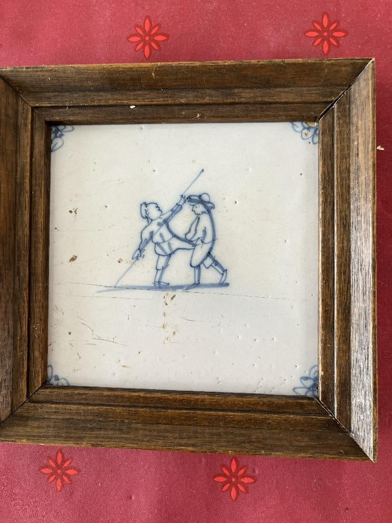Delftsblauwe tegel kinderspelen polstokspringen, Antiek en Kunst, Ophalen of Verzenden