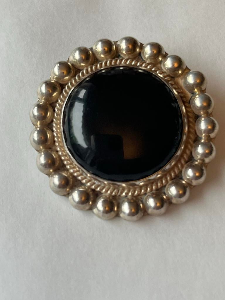 Zilveren hanger / broche met Onyx, gekeurd en gesigneerd, Sieraden, Tassen en Uiterlijk, Verzenden, Zwart, Zo goed als nieuw, Zilver