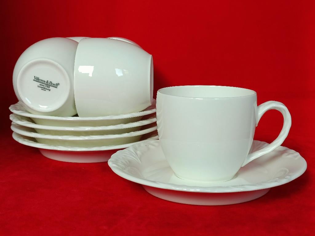 Villeroy & Boch Foglia - 5 koffiekopjes en schotels, Ophalen of Verzenden, Zo goed als nieuw, Overige stijlen, Kop(pen) en/of Schotel(s)