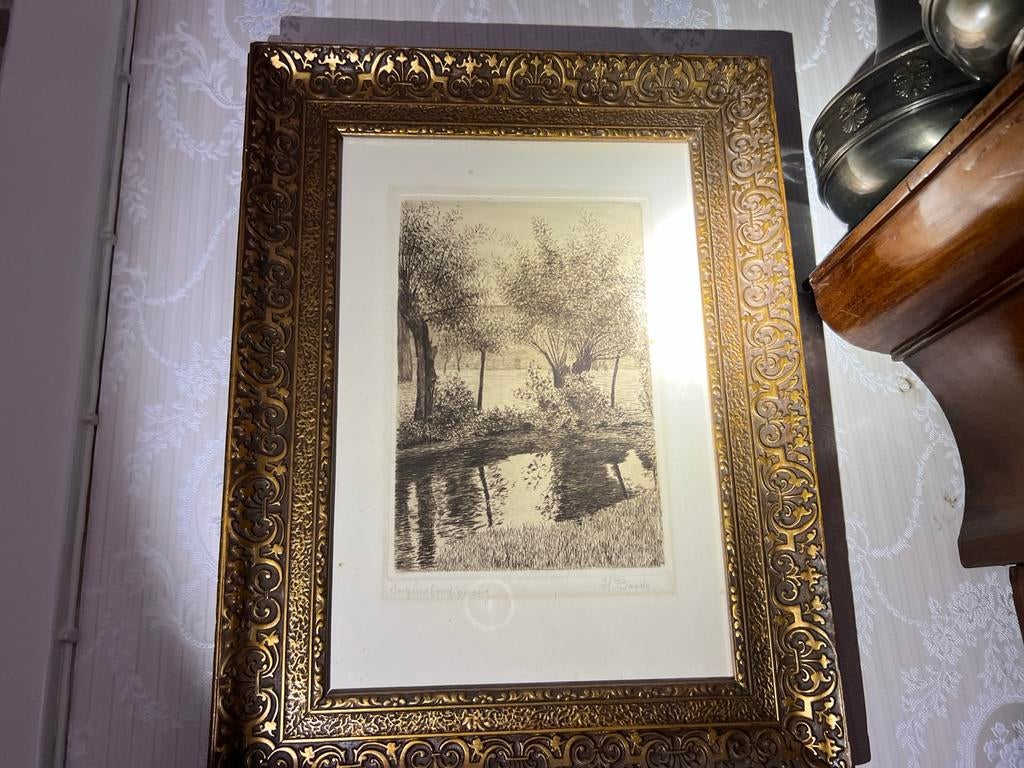 Originele ets van H. Baude - Landschap met water, Antiek en Kunst, Ophalen, Ets, Gesigneerd, Landschap